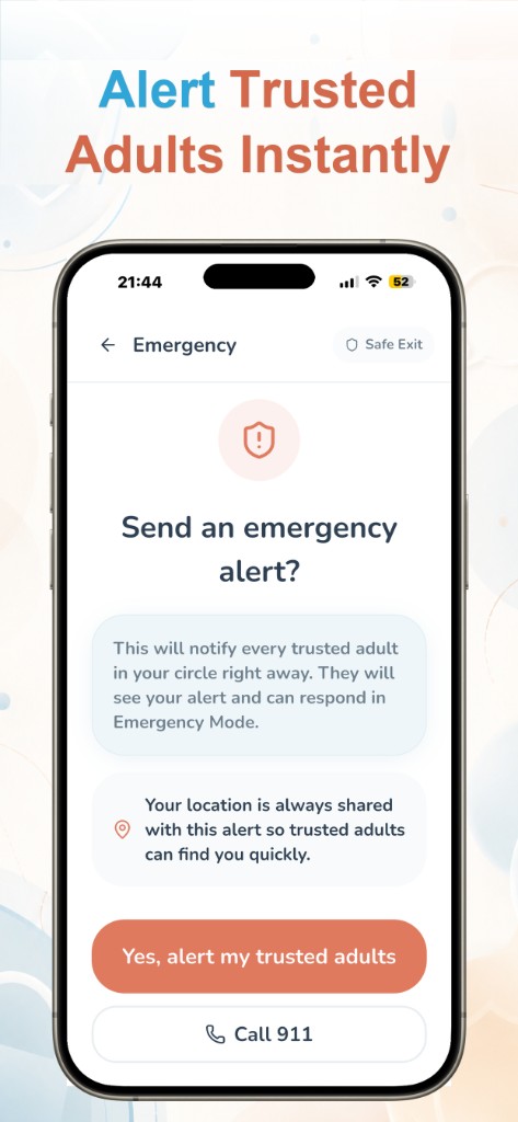 Trust Buddy Emergency screen confirming an alert to every trusted adult in the circle