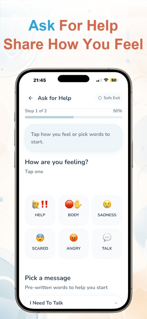 Trust Buddy Ask for Help screen with feeling prompts and pre-written messages for children