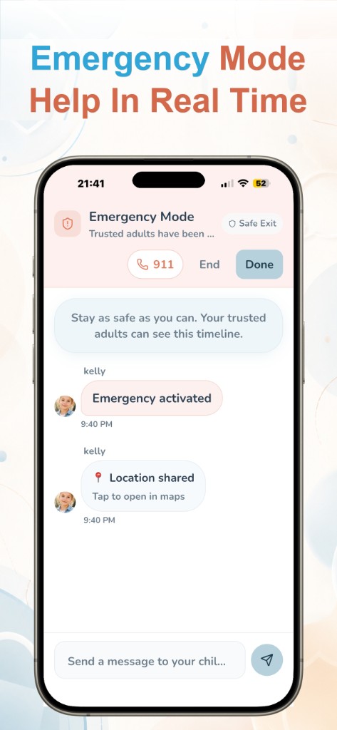 Trust Buddy Emergency Mode timeline with location sharing and messages to trusted adults