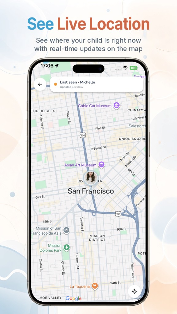 Trust Buddy live location map showing where a child is right now with real-time updates