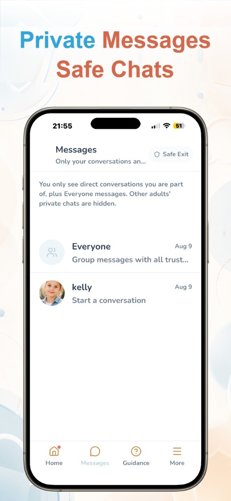 Trust Buddy Messages screen showing private conversations with trusted adults
