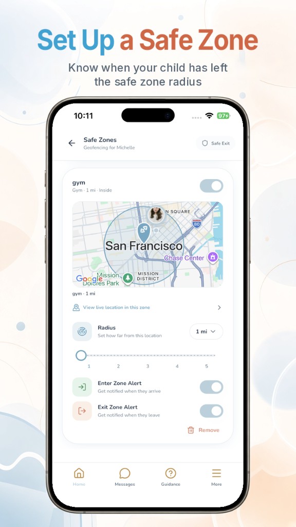 Trust Buddy Safe Zones geofencing screen with map radius and enter or exit alerts