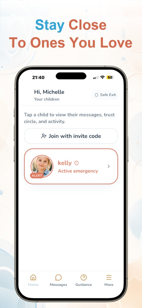 Trust Buddy parent home screen showing a child's status and an active emergency alert