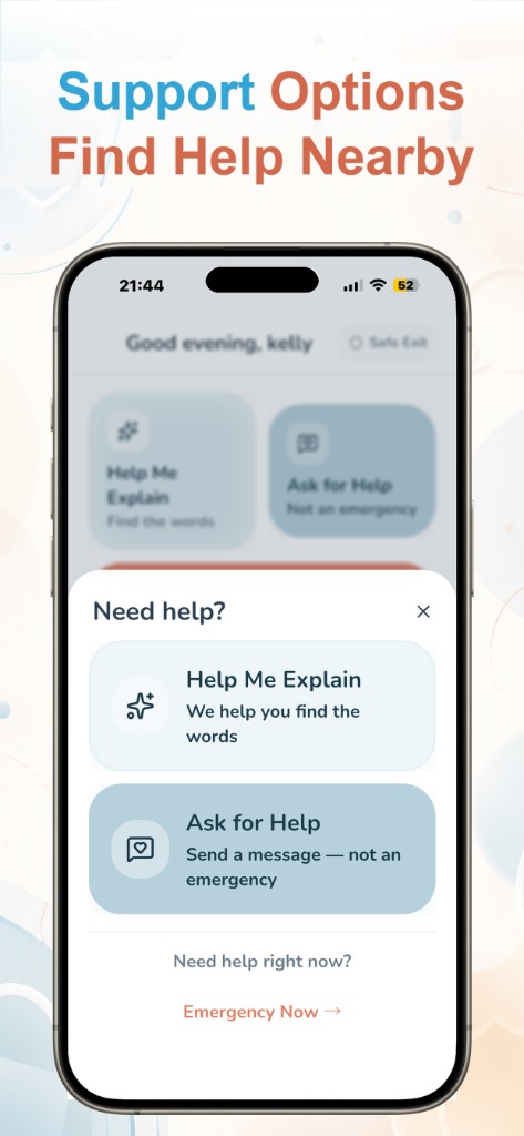 Trust Buddy Need help options for Help Me Explain, Ask for Help, and Emergency Now
