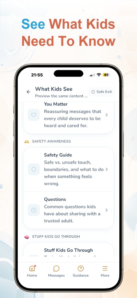 Trust Buddy What Kids See preview with You Matter, Safety Guide, and Questions